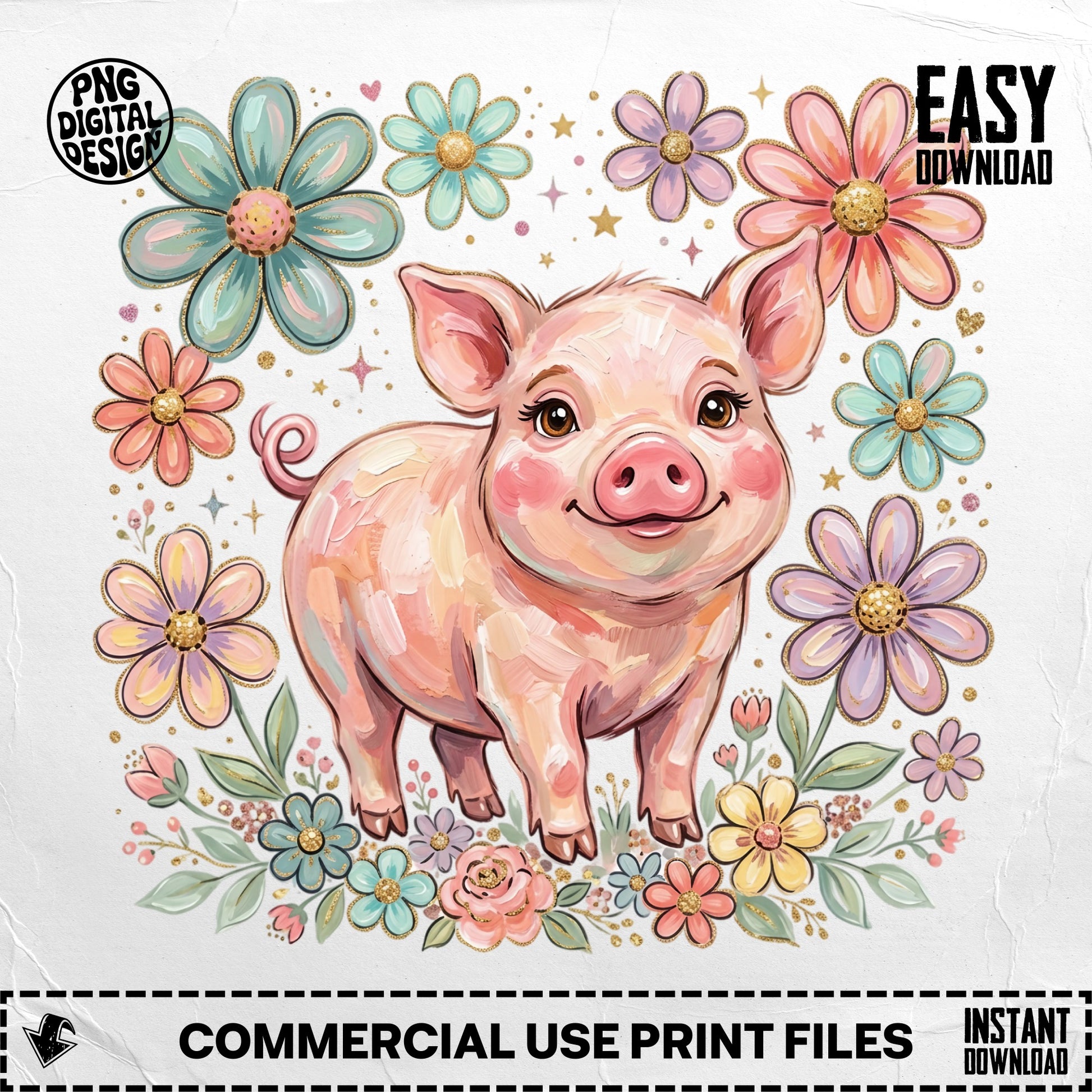 Pink cartoon pig surrounded by colorful flowers and leaves.