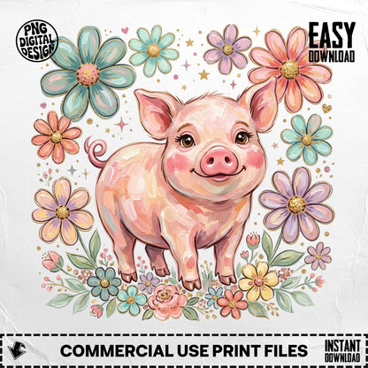 Pink cartoon pig surrounded by colorful flowers and leaves.