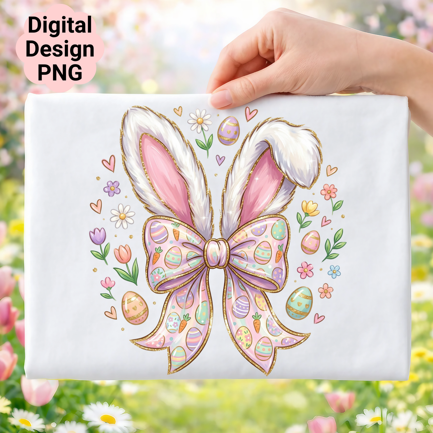 Easter bunny ears with a pastel bow and eggs, surrounded by flowers.