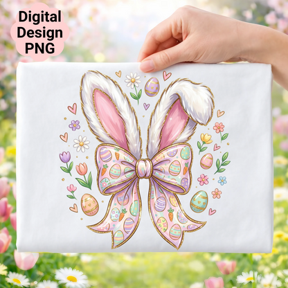 Easter bunny ears with a pastel bow and eggs, surrounded by flowers.