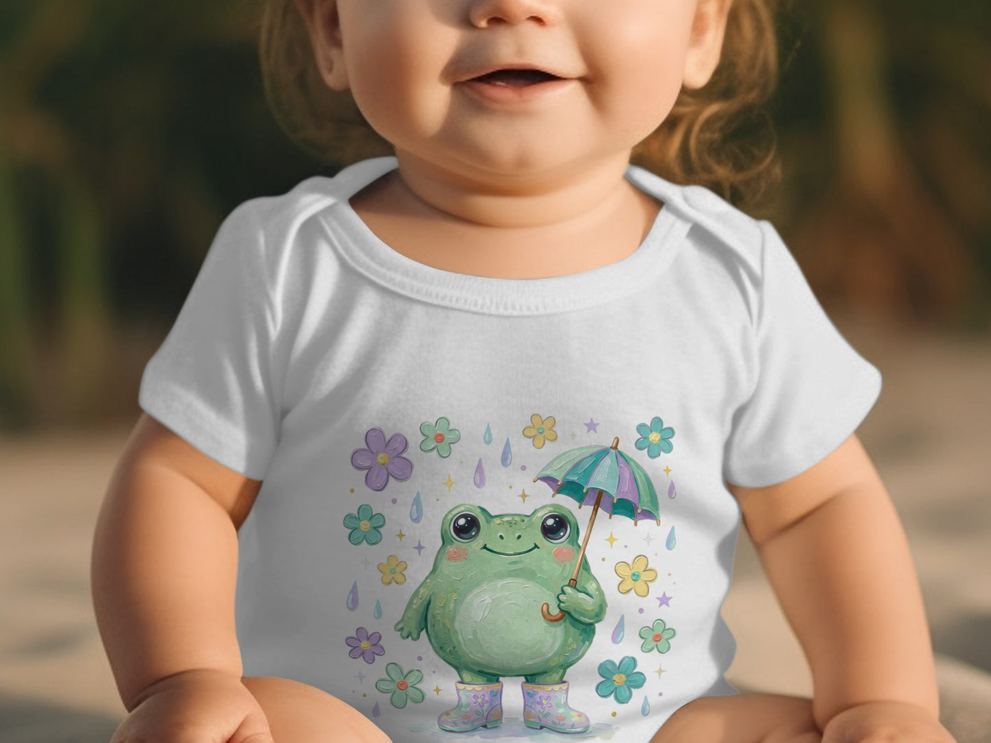 Baby in white onesie with smiling frog holding umbrella and wearing boots.