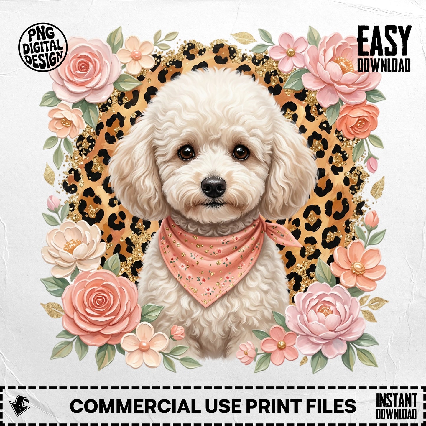 Poodle wearing a bandana surrounded by roses and leopard print.