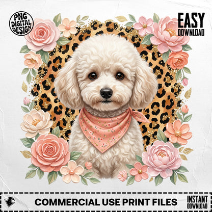 Poodle wearing a bandana surrounded by roses and leopard print.