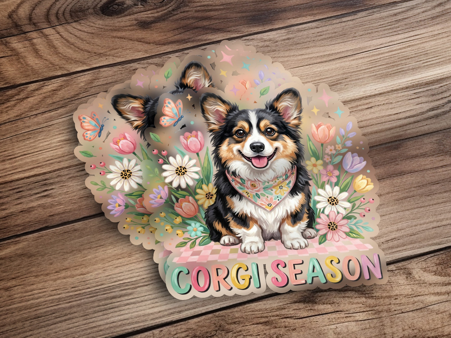Corgi wearing bandana sits on a pink platform with "CORGI SEASON" text.