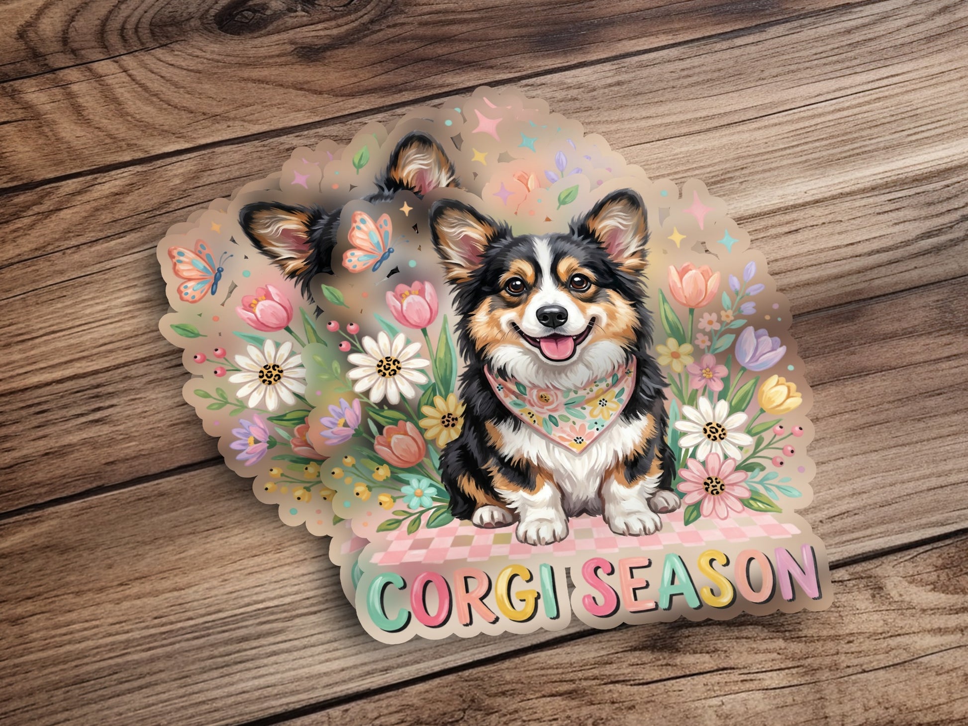 Corgi wearing bandana sits on a pink platform with "CORGI SEASON" text.