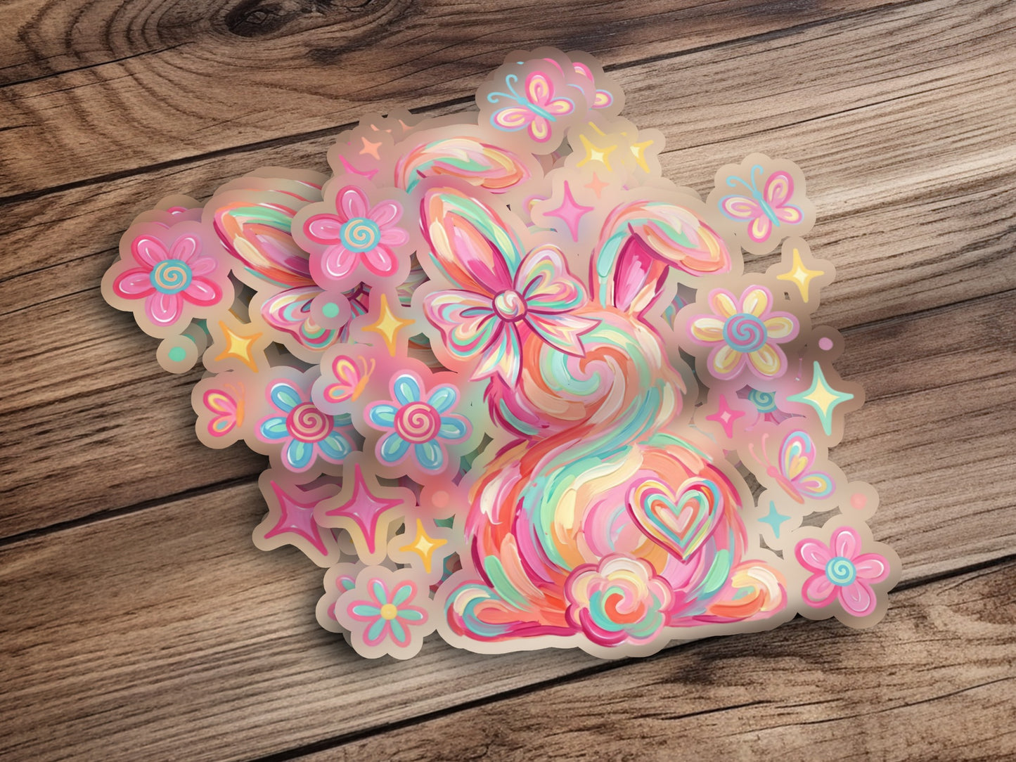 Pastel bunny with flowers and butterflies on a wooden background.