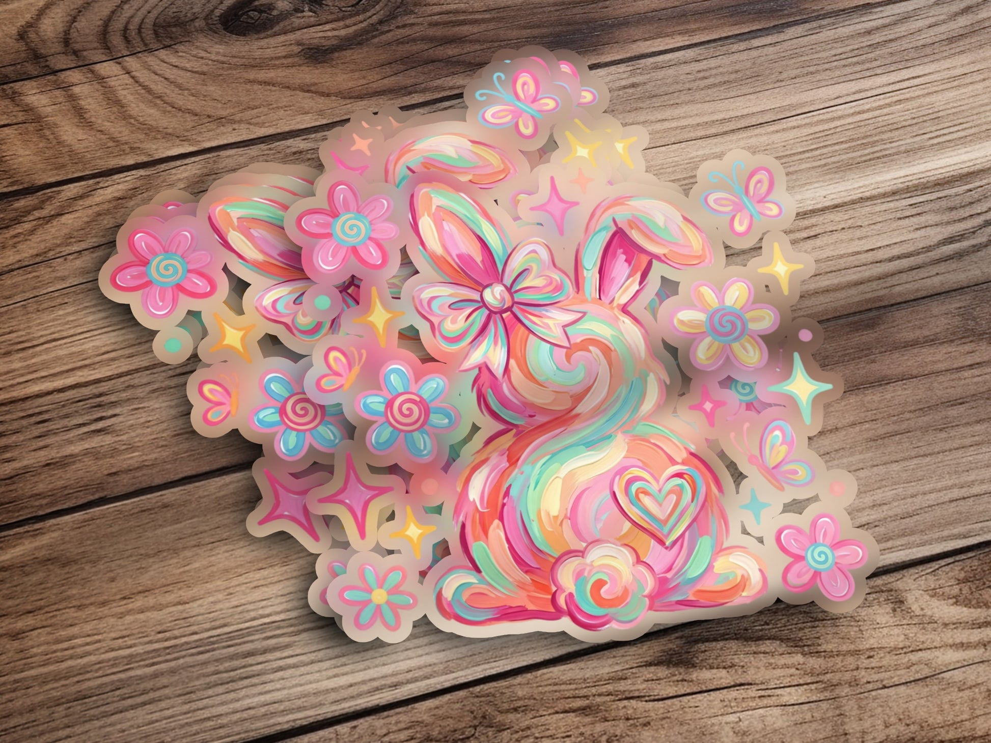 Pastel bunny with flowers and butterflies on a wooden background.
