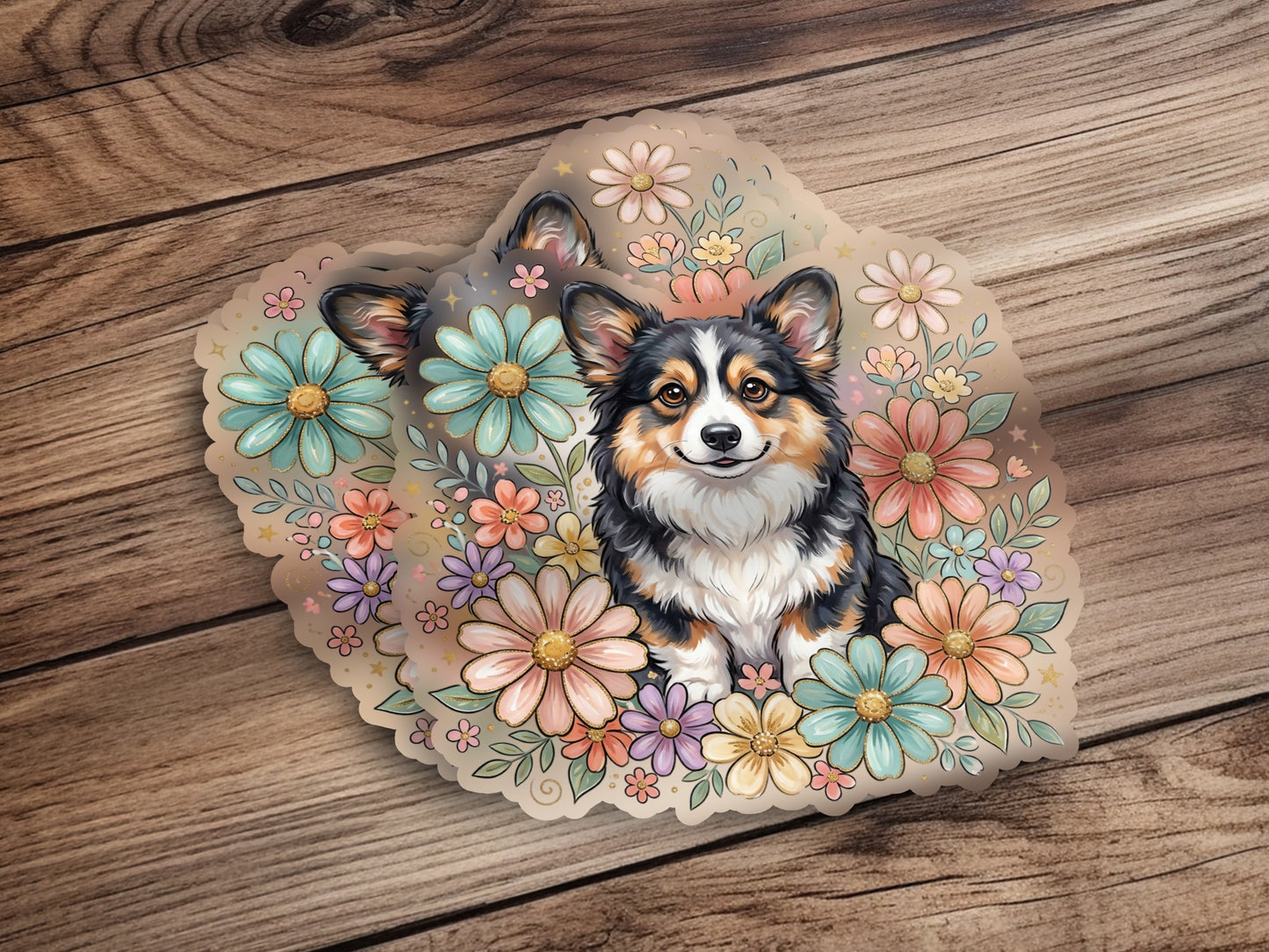 Pembroke Welsh Corgi among pastel flowers and greenery.