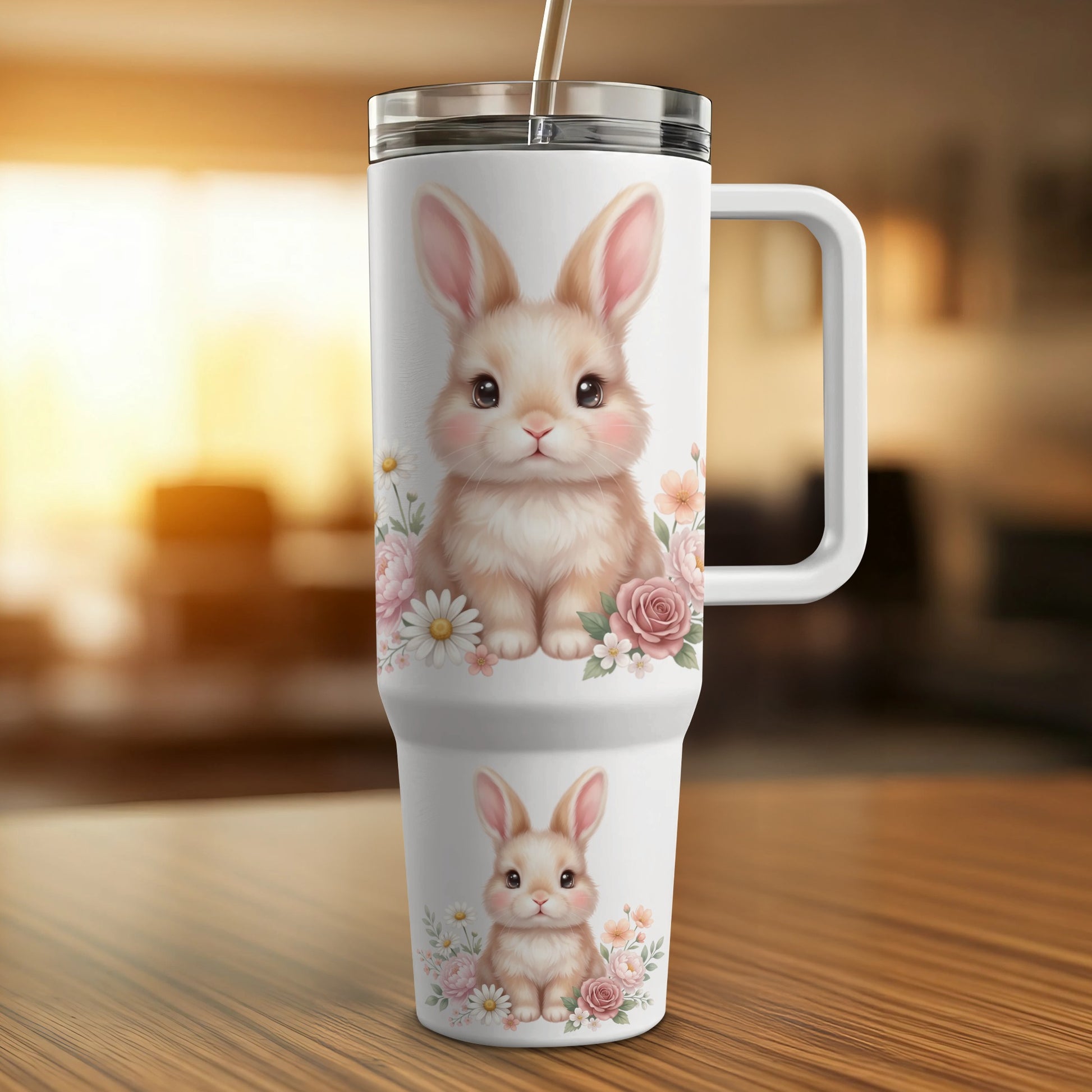 White travel mug with cute bunny and floral design.