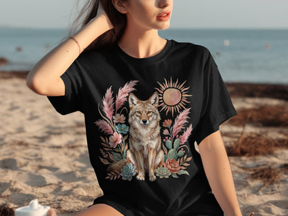 Black t-shirt with desert coyote and cactus graphic.