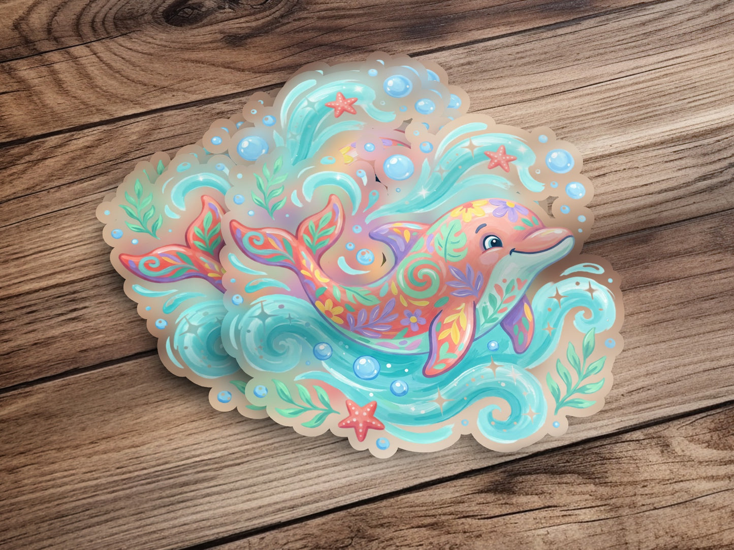 Whimsical dolphin sticker with floral patterns amidst colorful waves and stars.