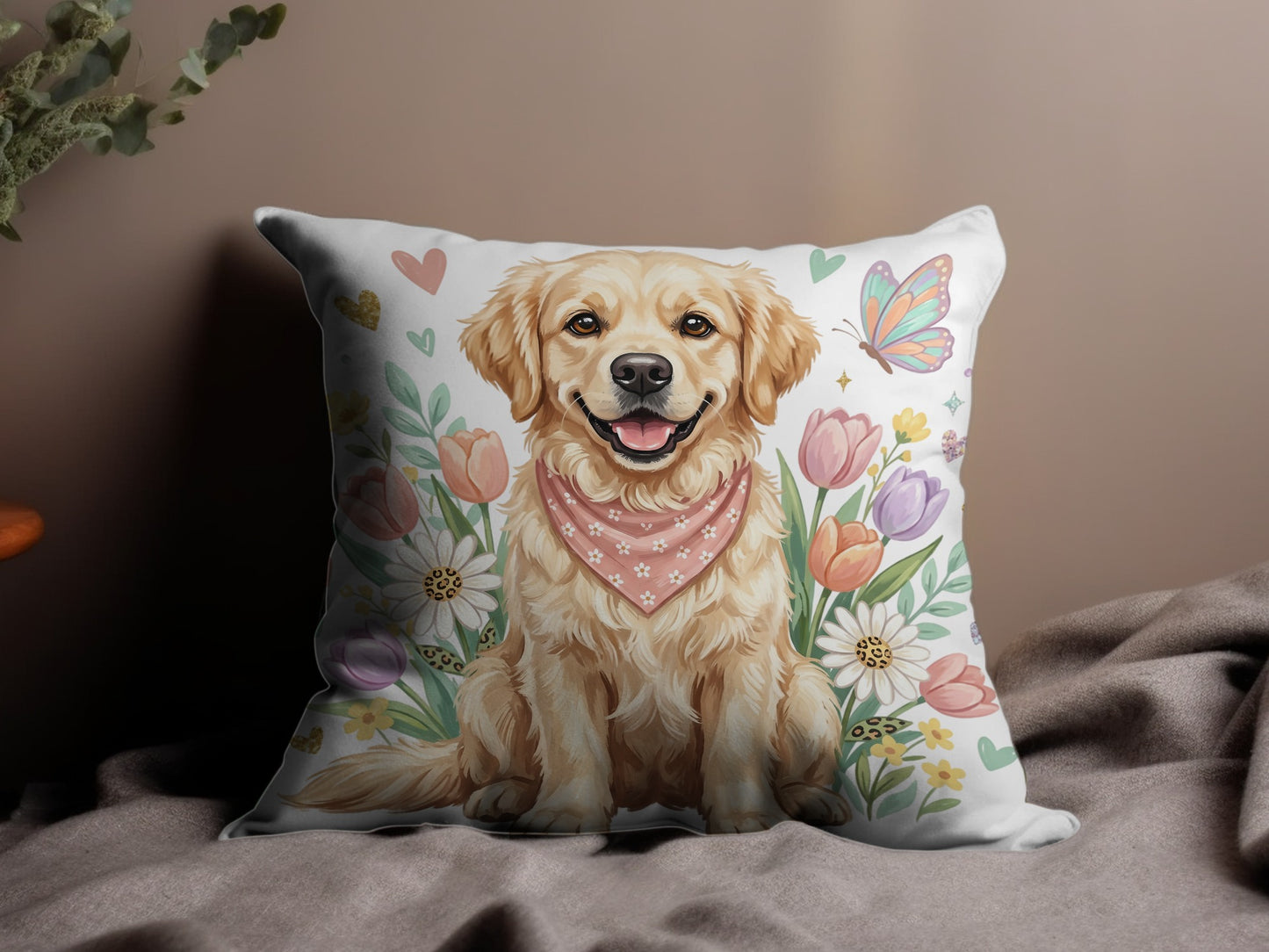 Golden Retriever dog wearing a pink bandana, surrounded by flowers and butterflies.