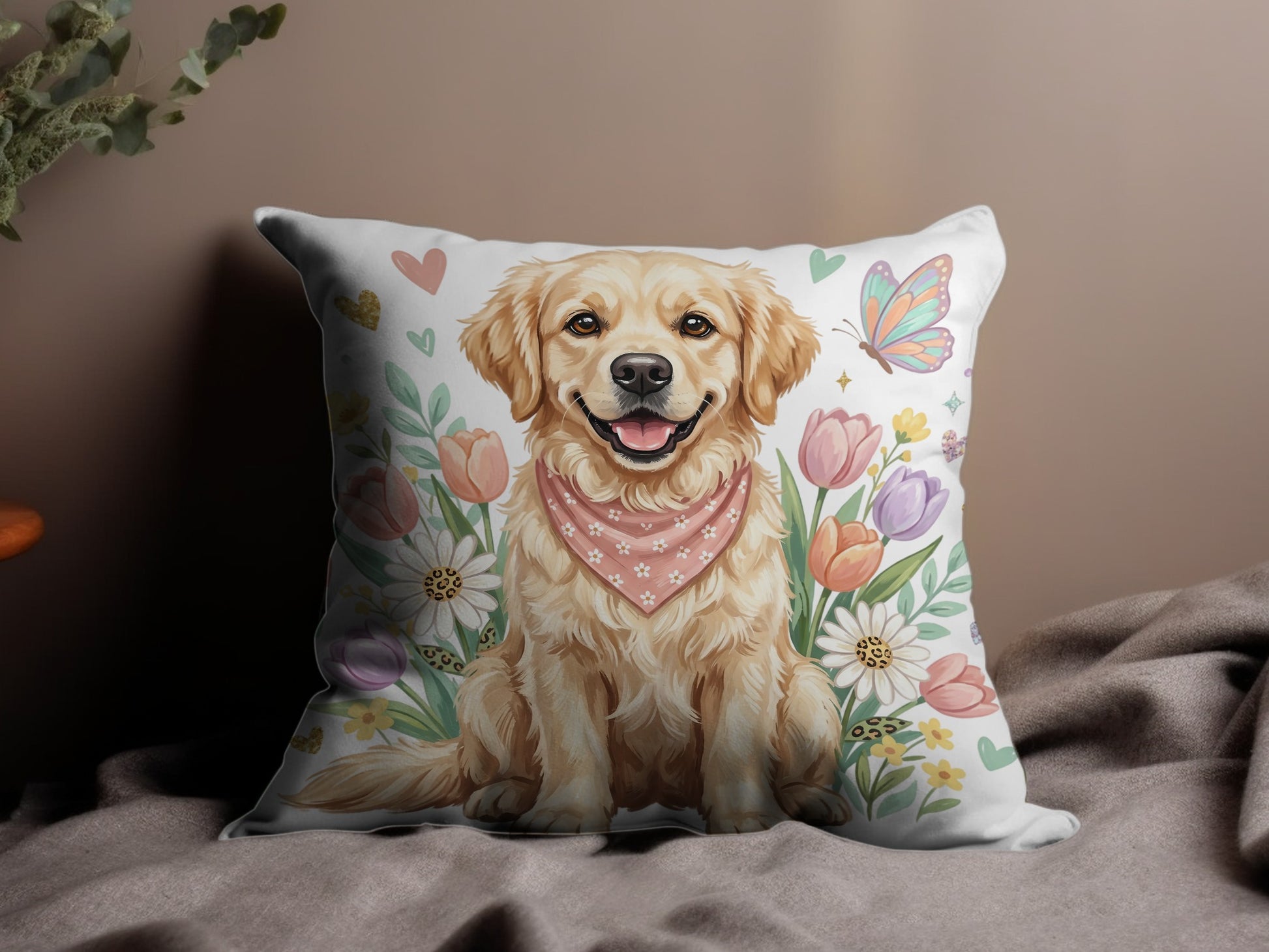 Golden Retriever dog wearing a pink bandana, surrounded by flowers and butterflies.
