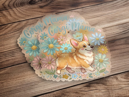 Corgi dog sticker with flowers and "Corgi Mama" text.