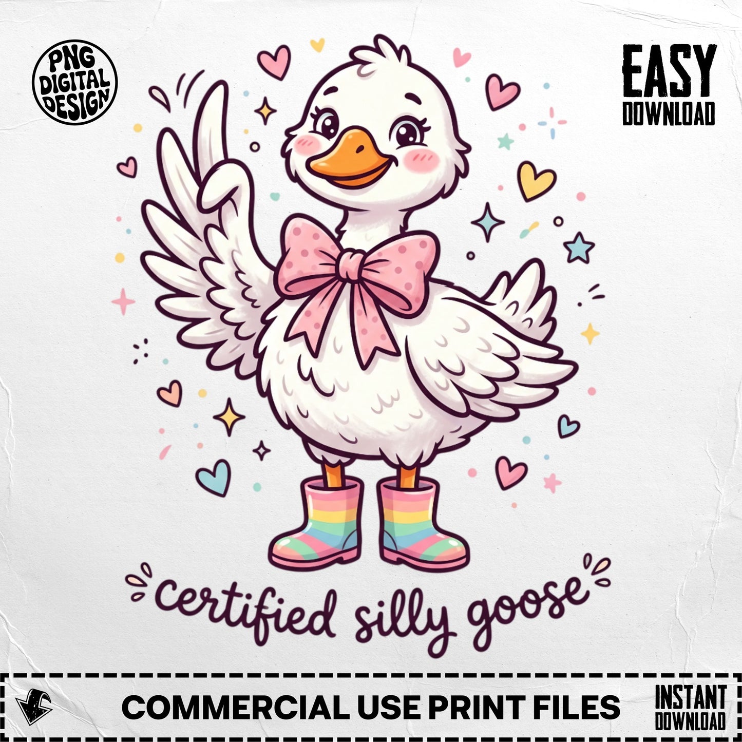 Cartoon goose wearing pink bow and colorful boots, "certified silly goose."