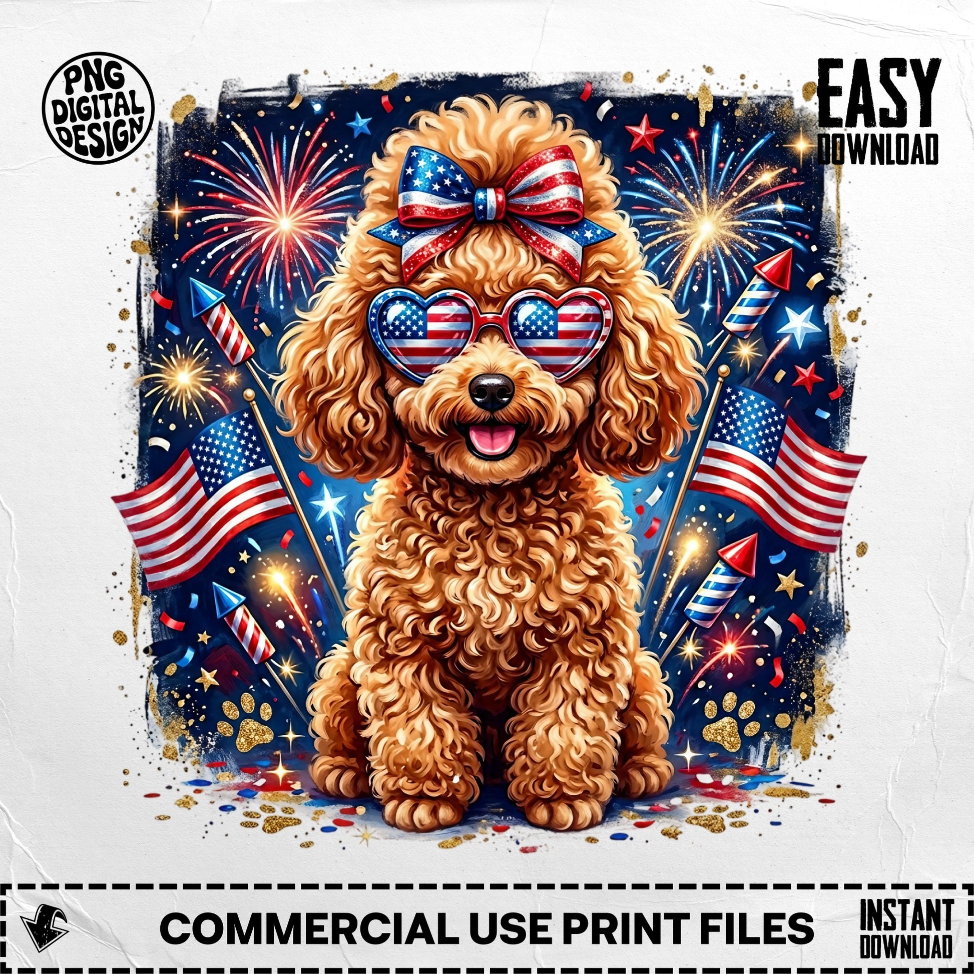 Poodle in patriotic glasses with fireworks and flags, for easy download.