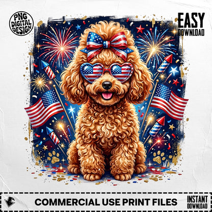 Poodle in patriotic glasses with fireworks and flags, for easy download.