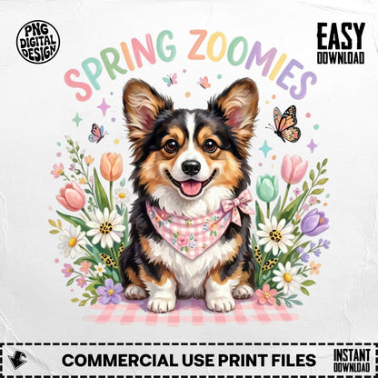 Corgi with pink bandana among spring flowers and butterflies.
