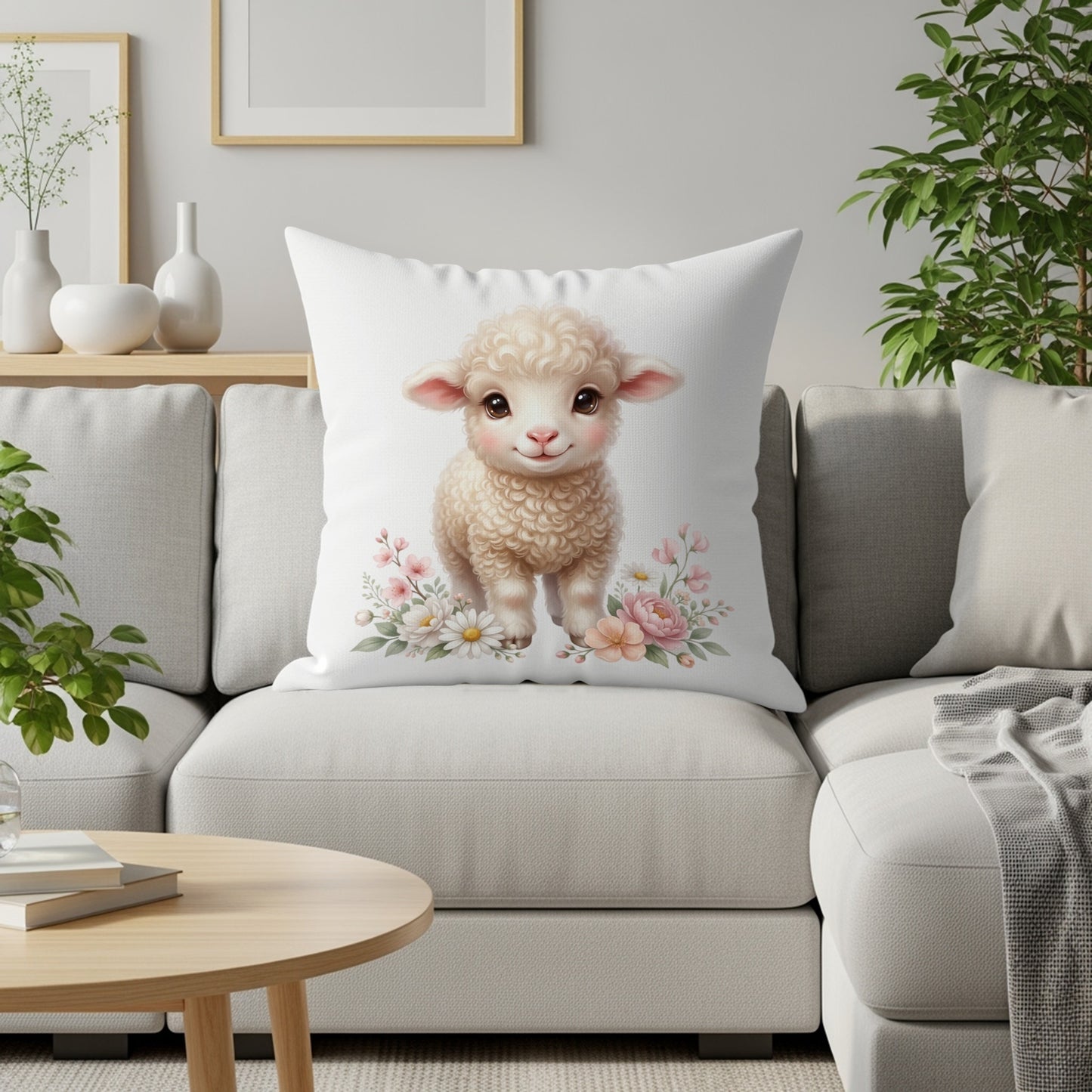 Cute fluffy lamb on a couch surrounded by flowers.