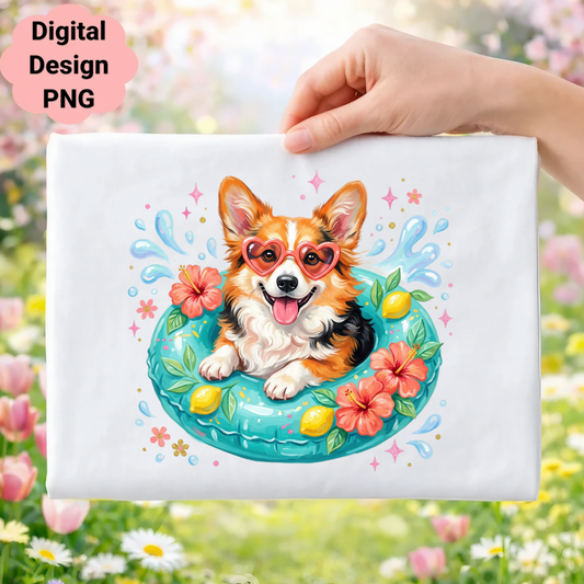 Corgi in a pool float with hearts and flowers.
