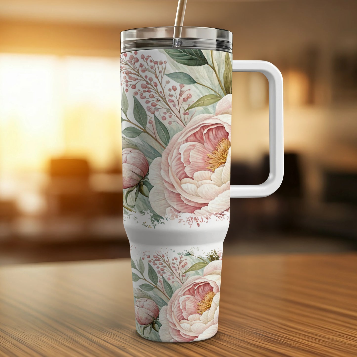 Tumbler with pink floral watercolor pattern and white handle.