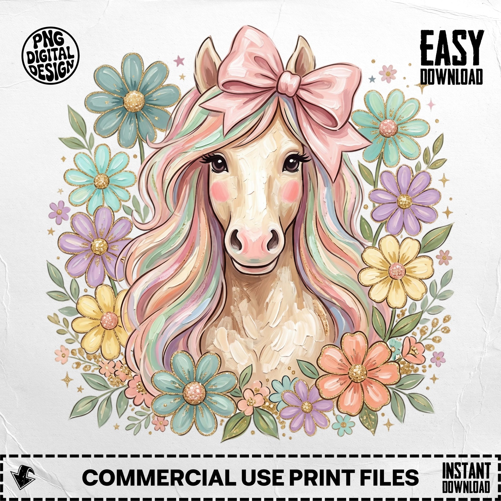 Pastel horse with flowing mane and flowers, "EASY DOWNLOAD" text.