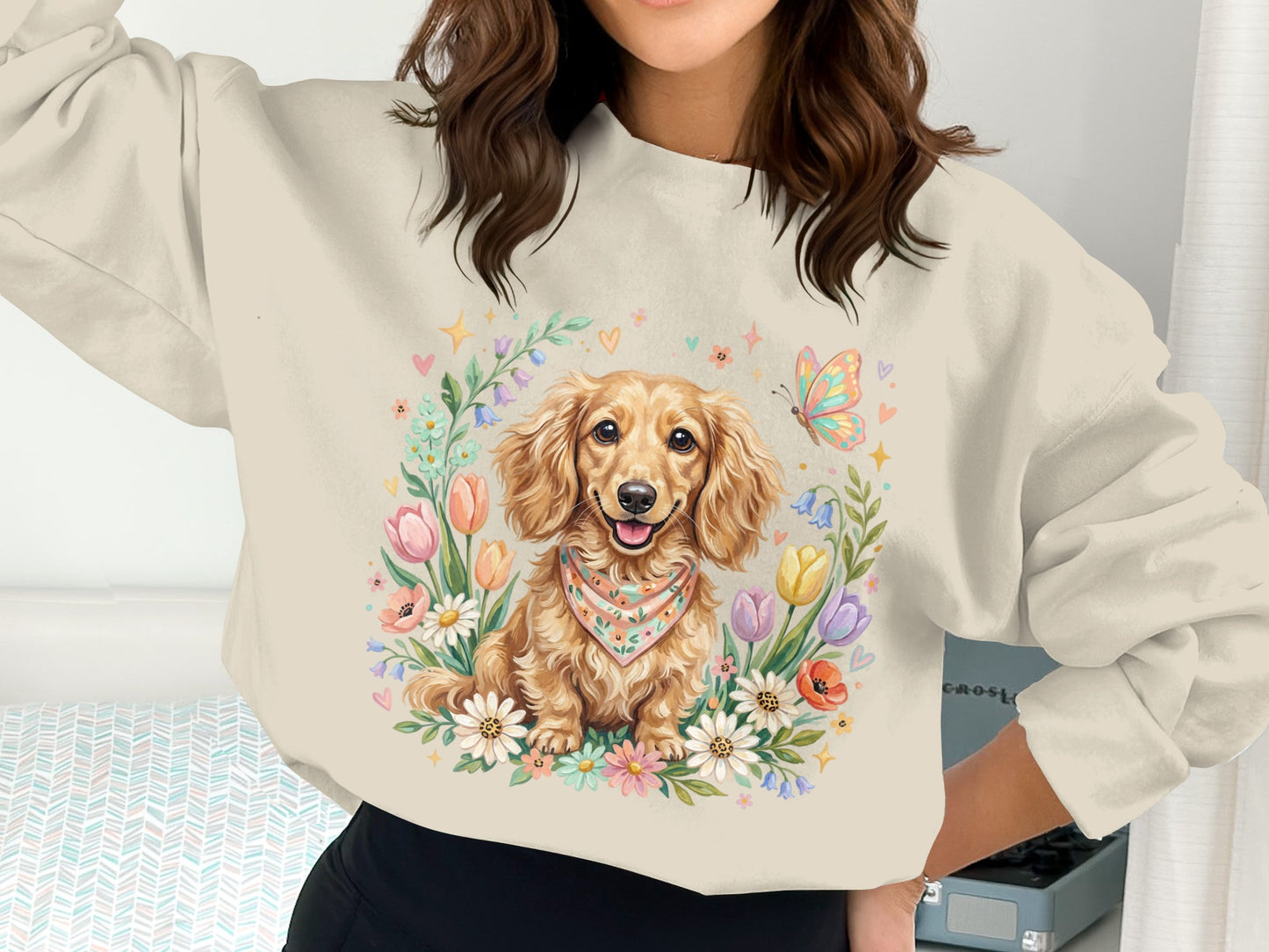 Dachshund wearing bandana surrounded by flowers and butterfly.