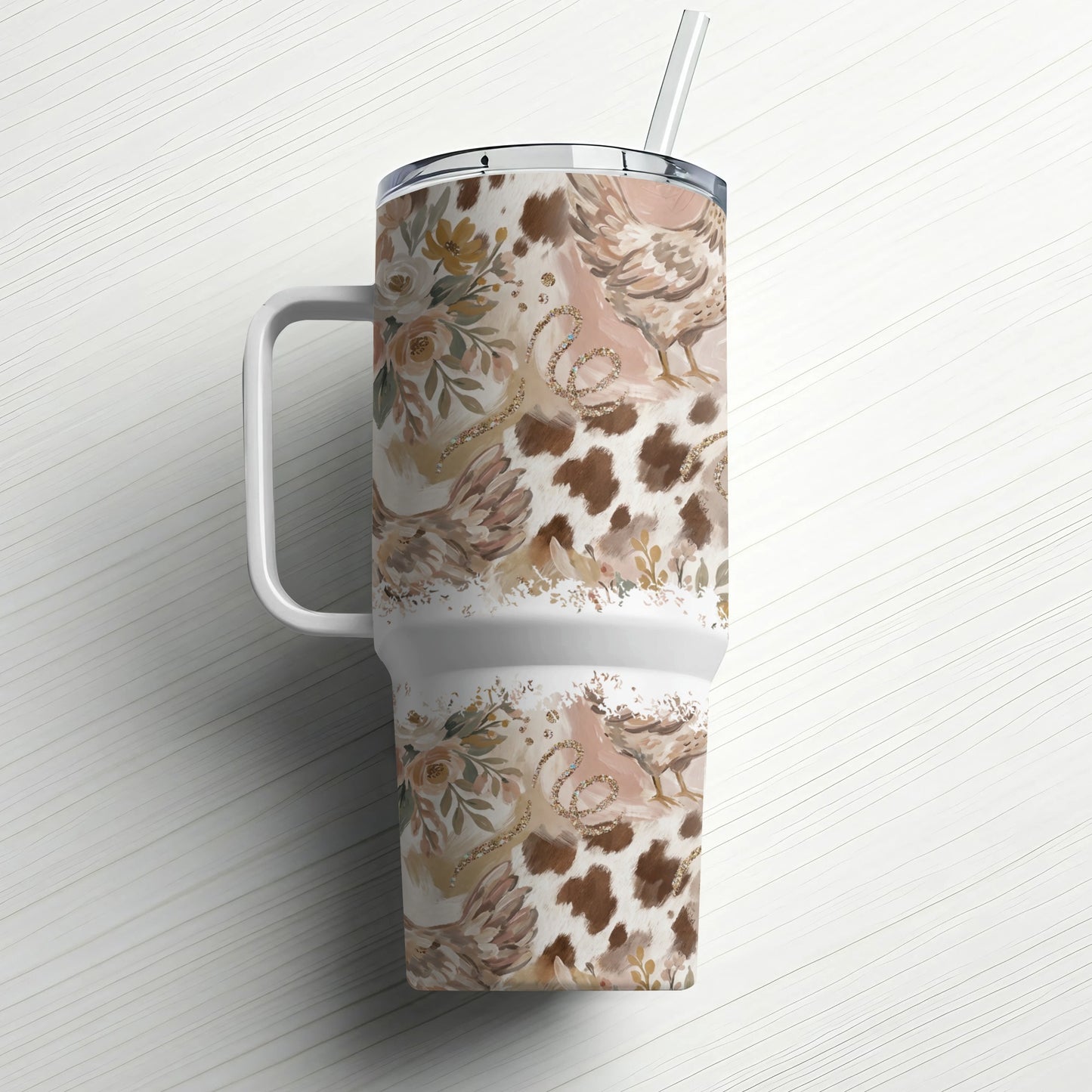 Travel tumbler with rustic chicken, floral, and cow print design.
