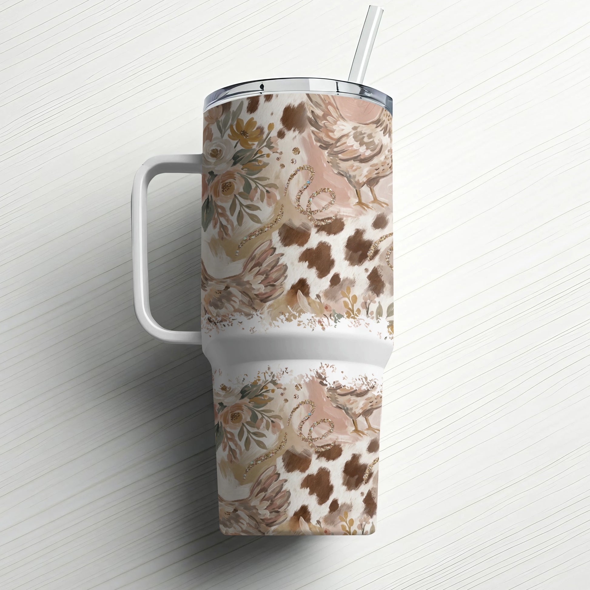 Travel tumbler with rustic chicken, floral, and cow print design.