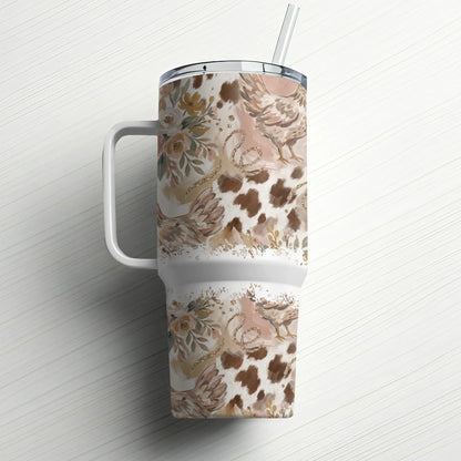 Travel tumbler with rustic chicken, floral, and cow print design.