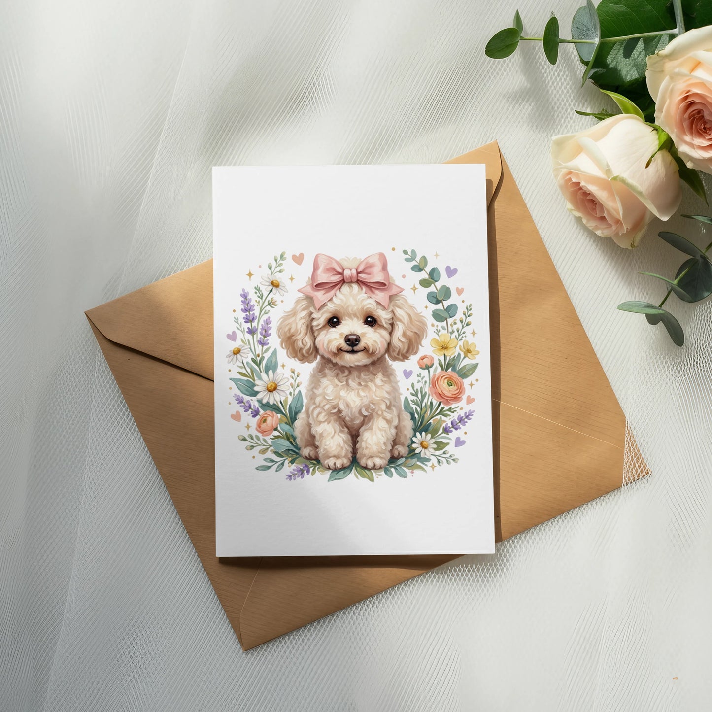 White poodle puppy with pink bow sits in floral wreath on a card.