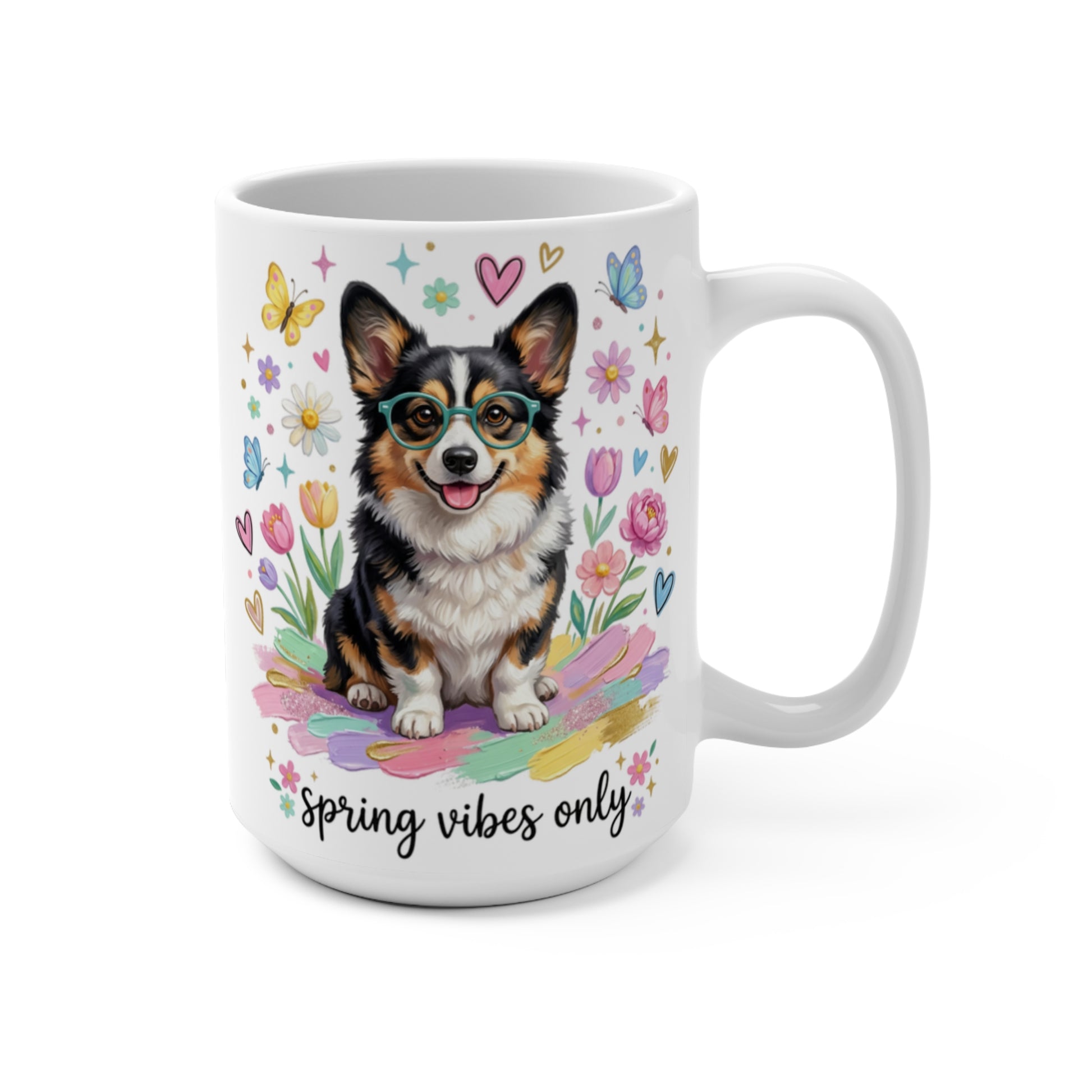 Corgi wearing glasses surrounded by colorful spring flowers and butterflies.