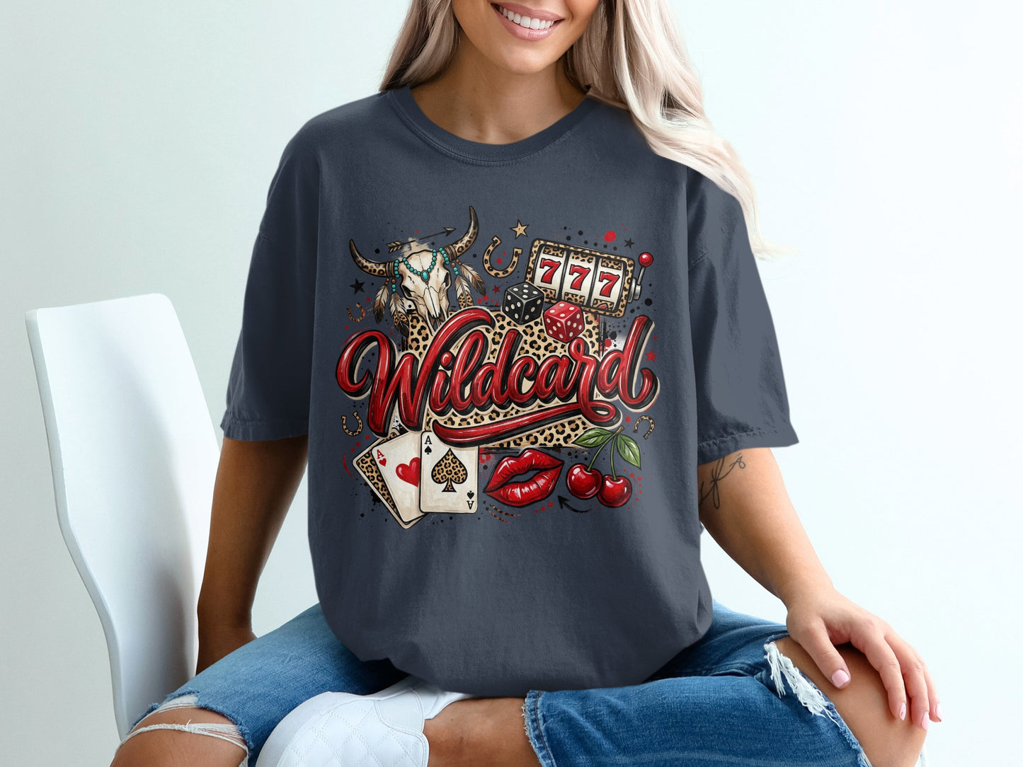 "Wildcard" text with casino elements: dice, cherries, cards, bull skull.