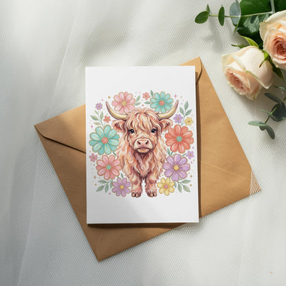 Watercolor Highland cow illustration with colorful flowers on an envelope.