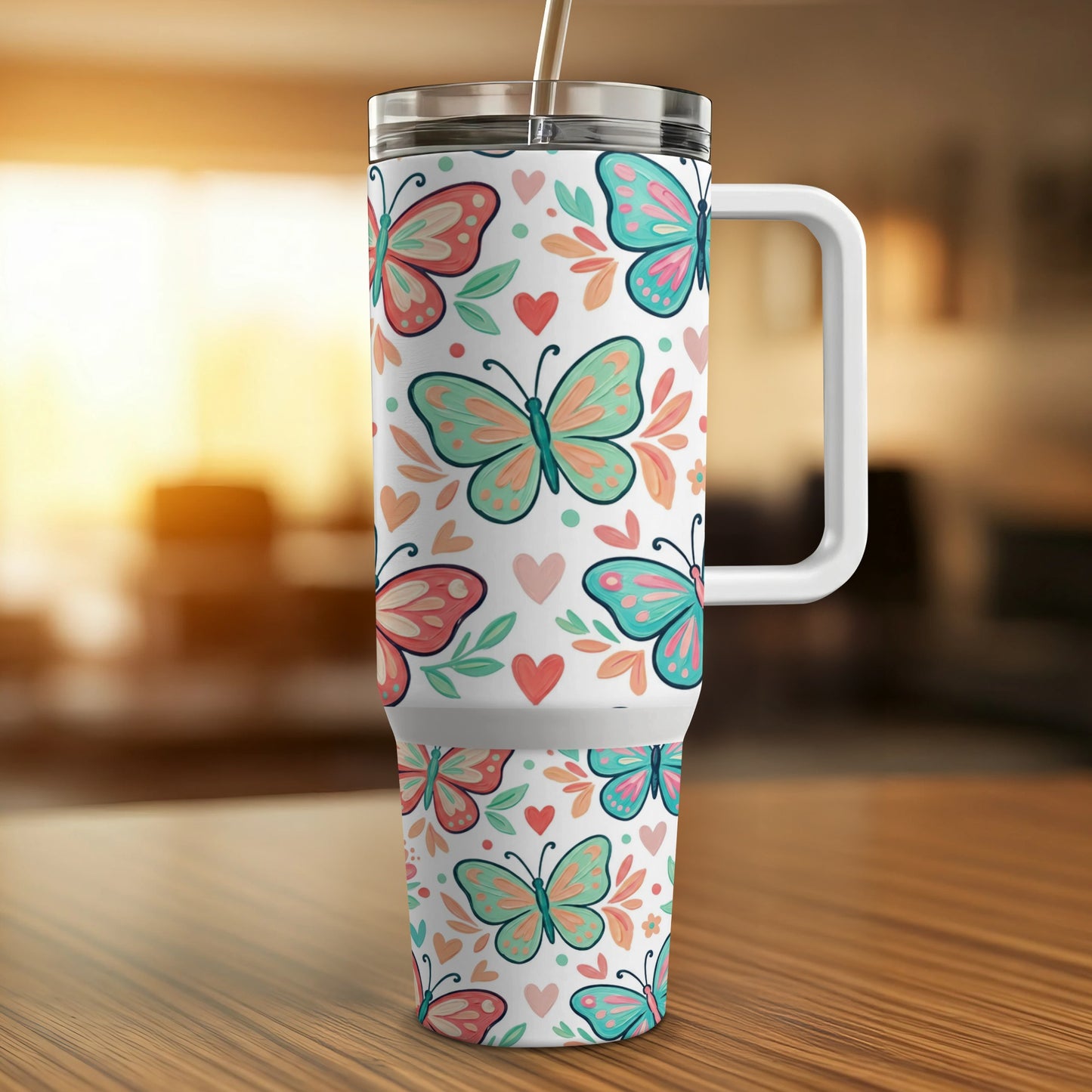 Tumbler with pastel butterflies and heart pattern on a wooden surface.