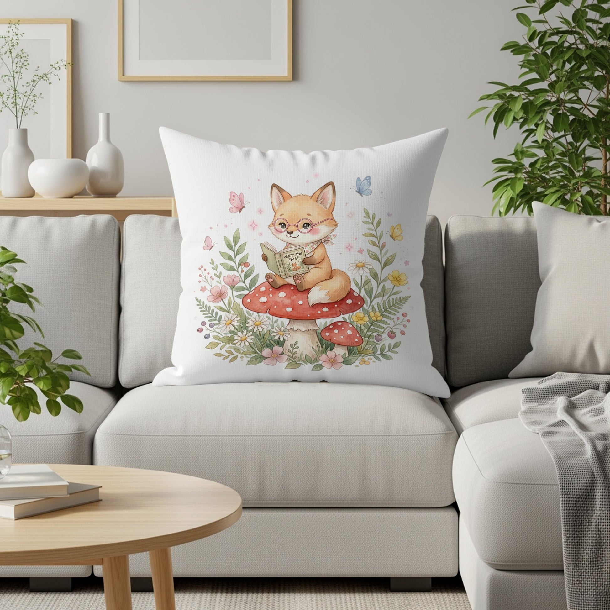 Fox reading a book on a mushroom, surrounded by butterflies and flowers.