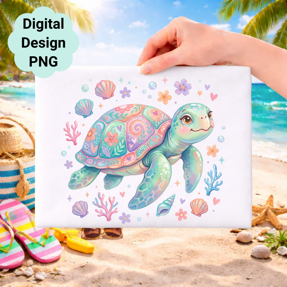 Cute watercolor turtle illustration with seashells and flowers on a beach background.