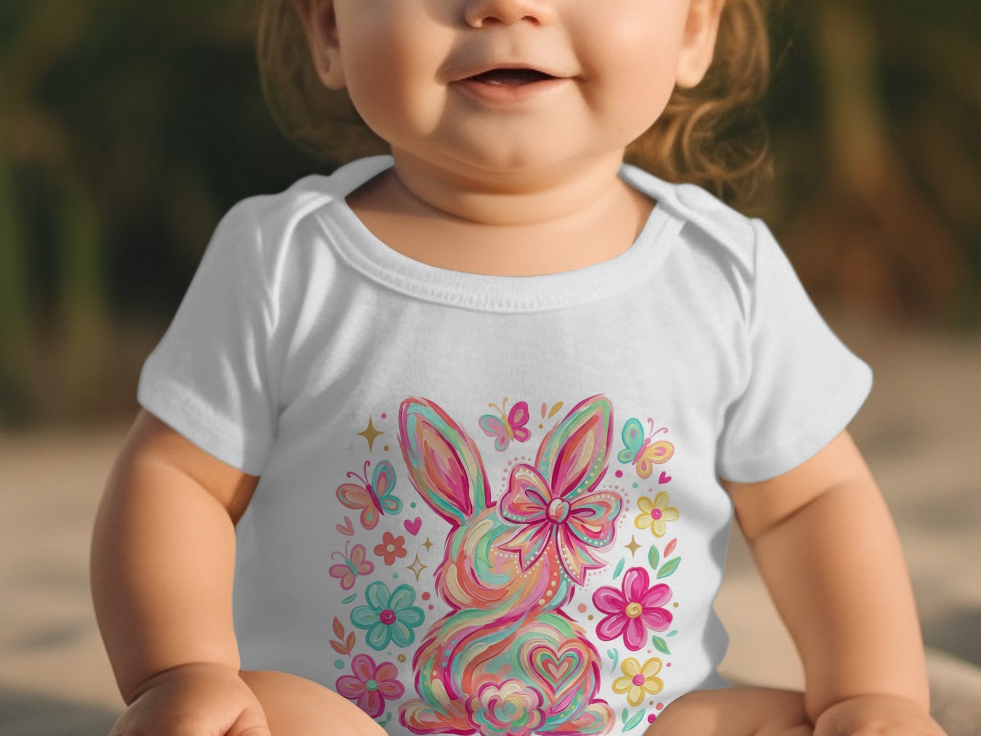 Baby in white bodysuit with colorful bunny and butterfly Easter design.