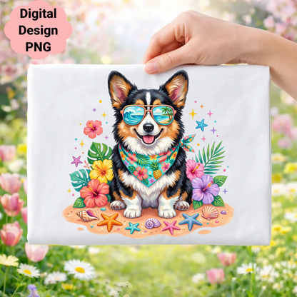 Corgi wearing sunglasses and bandana, surrounded by seashells and flowers.
