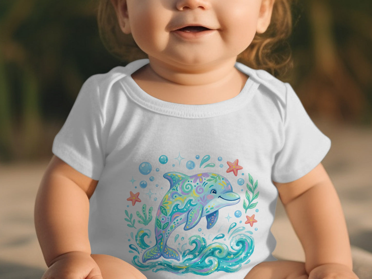 White baby bodysuit with colorful dolphin and starfish graphic.