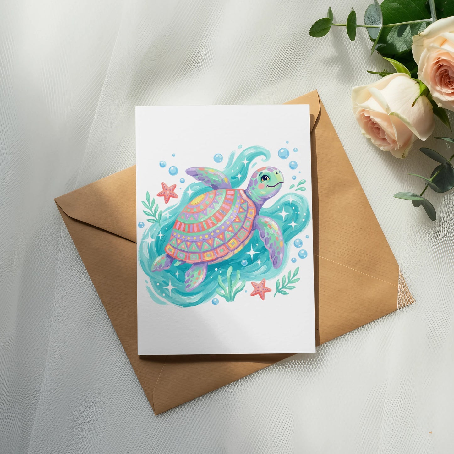 Colorful illustrated sea turtle with starfish on blue background, on brown envelope.