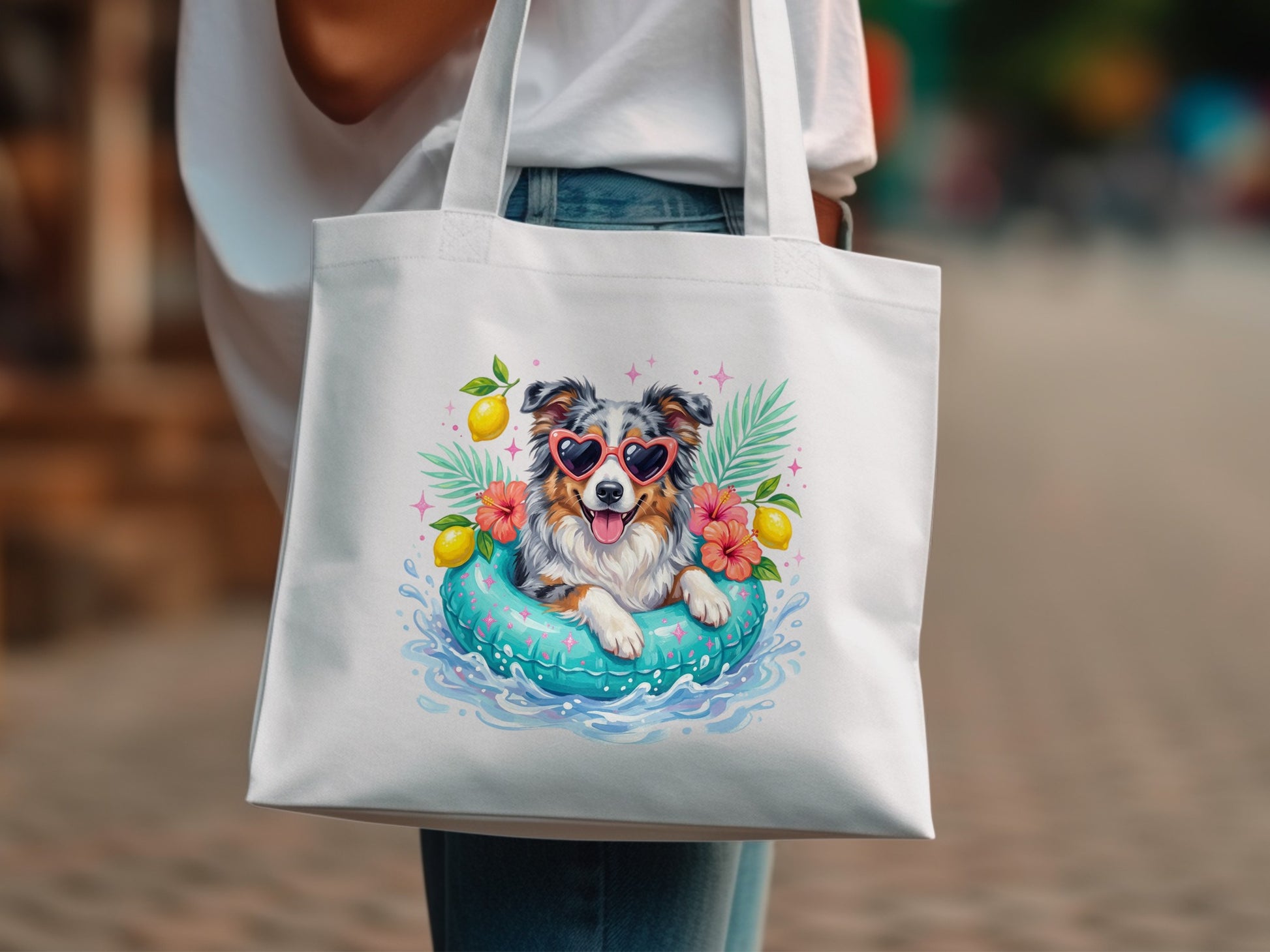 Dog in inner tube with lemons and palm leaves on tote bag.