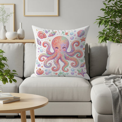 Decorative throw pillow with a pink octopus and colorful seashells pattern.