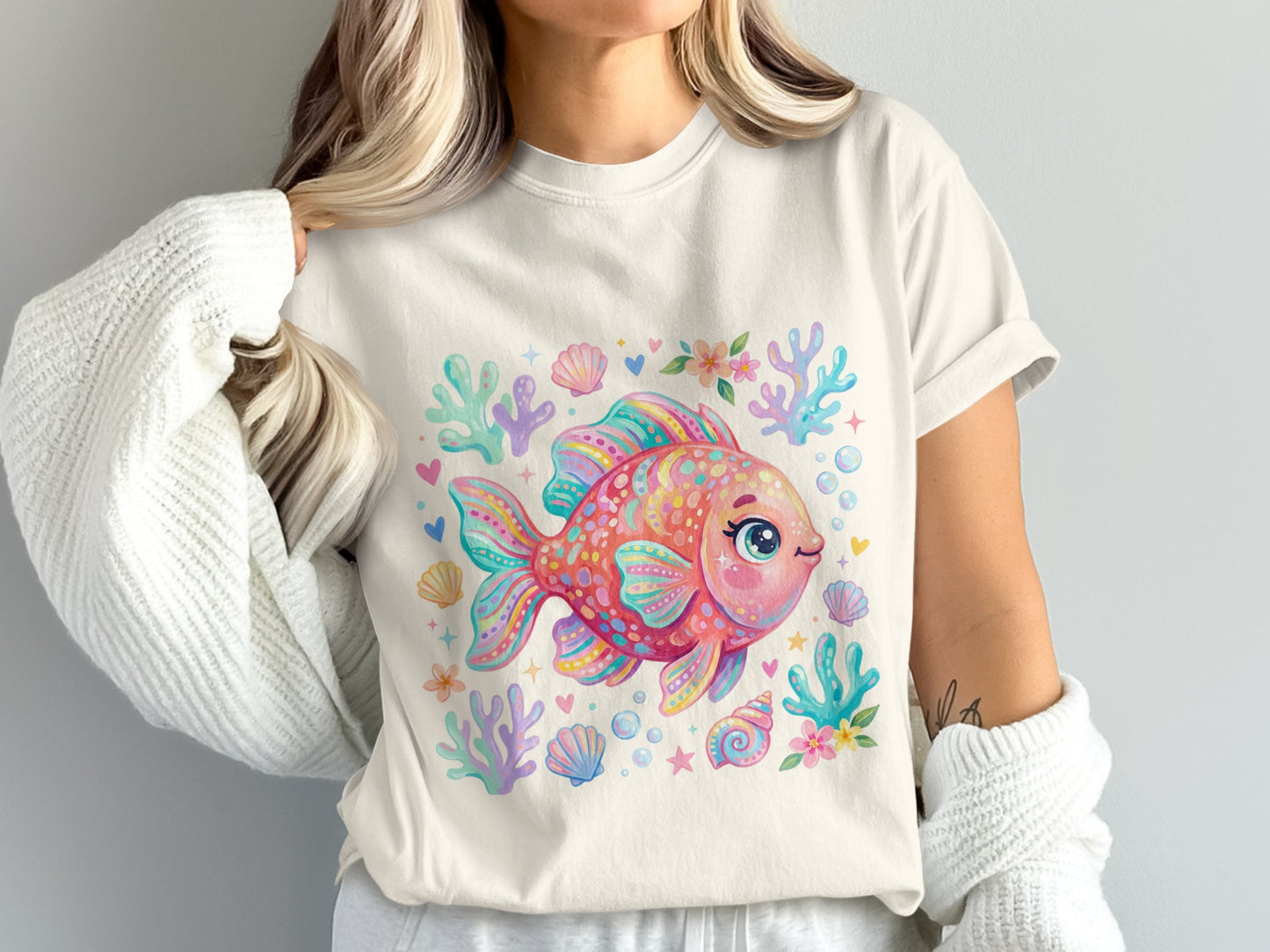 Whimsical coral reef scene with a colorful, cartoonish fish and seashells.
