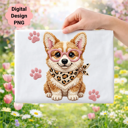 Corgi wearing pink glasses and a leopard print bandana.