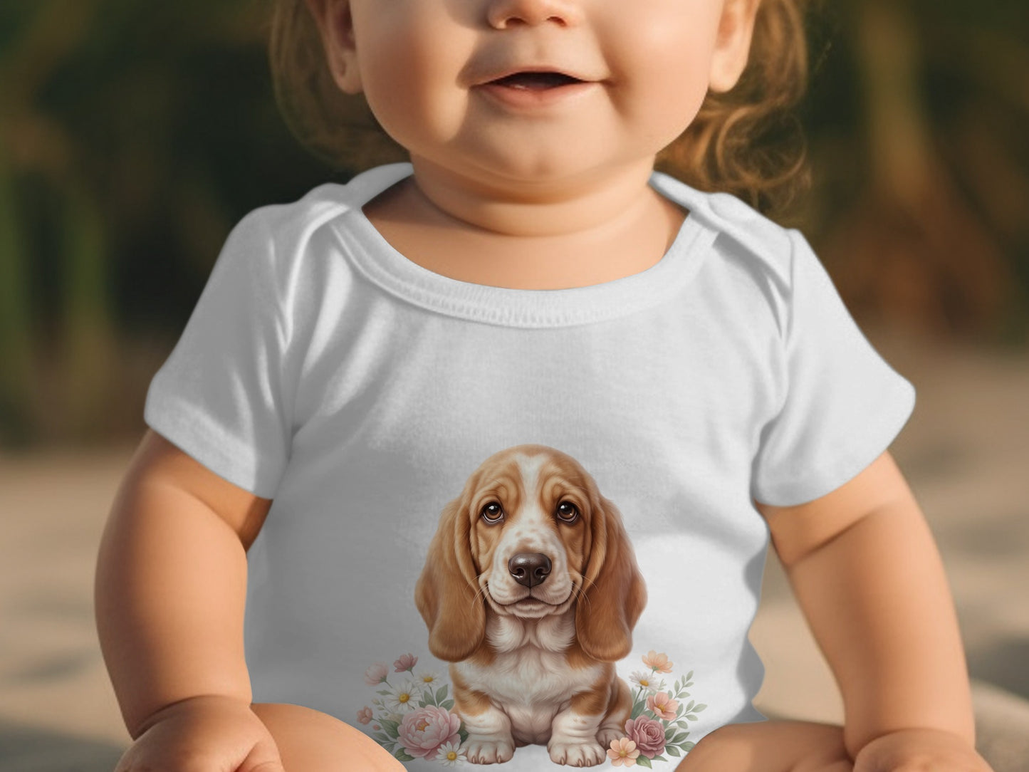 Baby in white bodysuit with Basset Hound puppy and flowers graphic.
