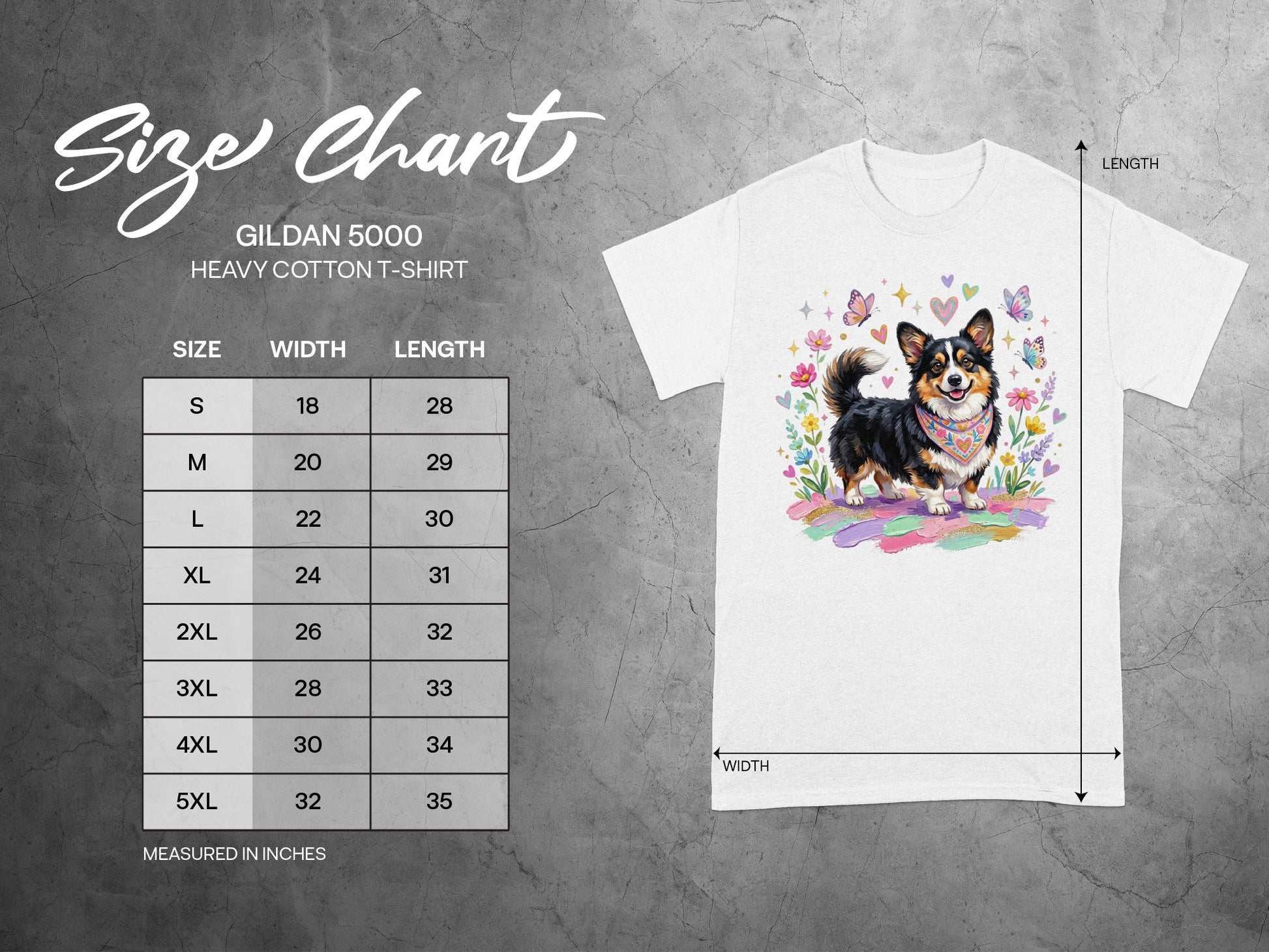 Gildan 5000 t-shirt size chart with measurements for width and length.