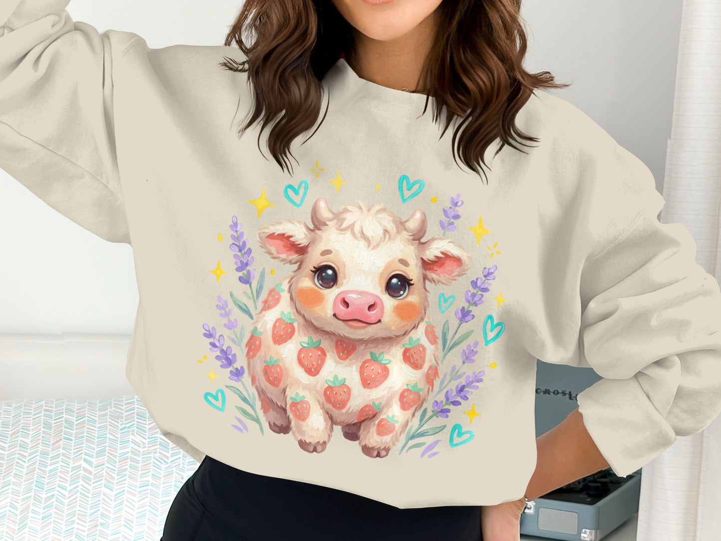 Cream sweatshirt with cute strawberry cow and lavender floral design.