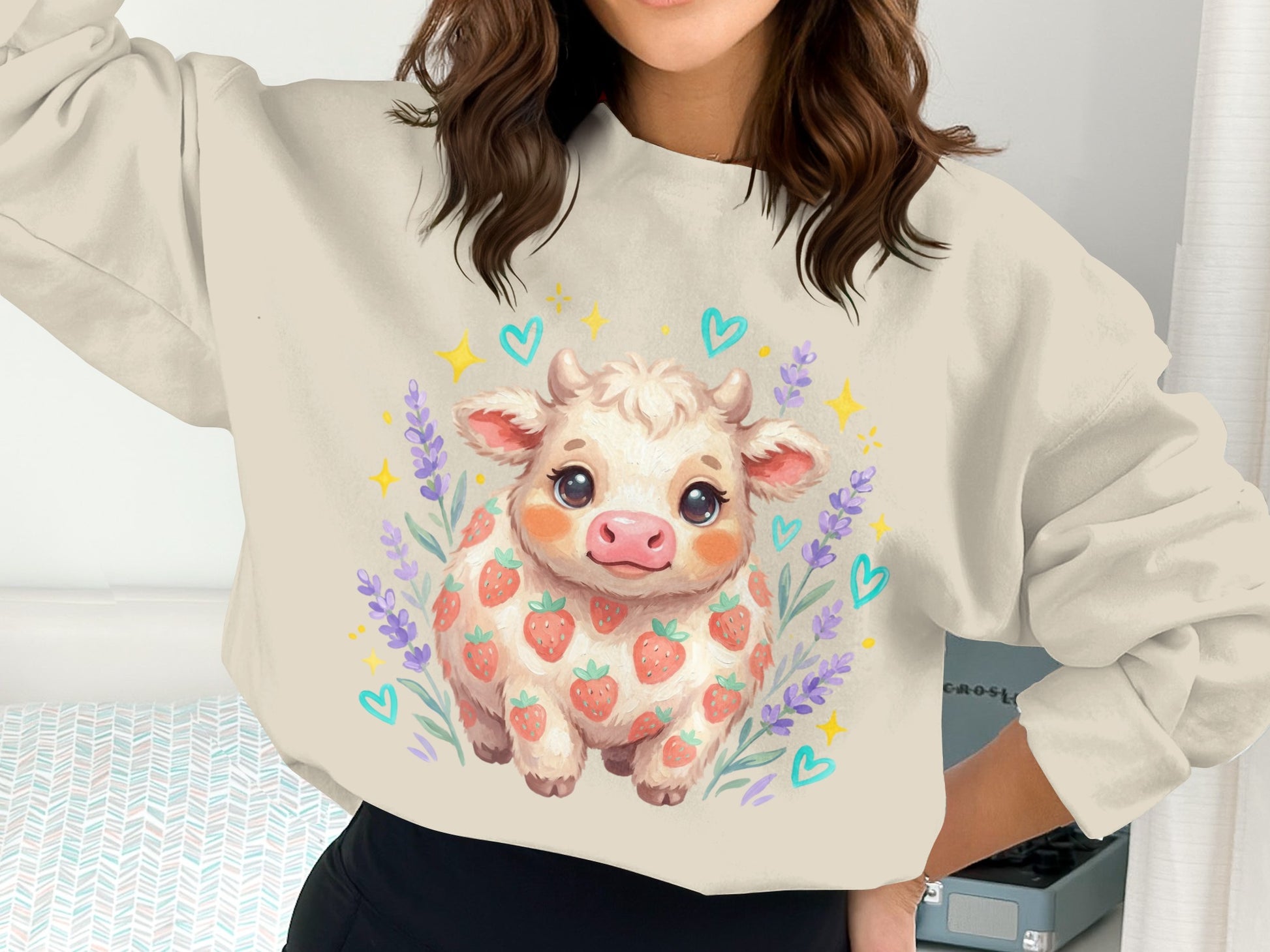 Cream sweatshirt with cute strawberry cow and lavender floral design.