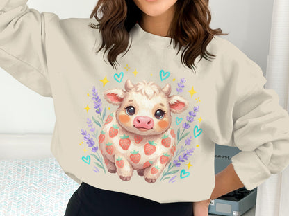 Cream sweatshirt with cute strawberry cow and lavender floral design.